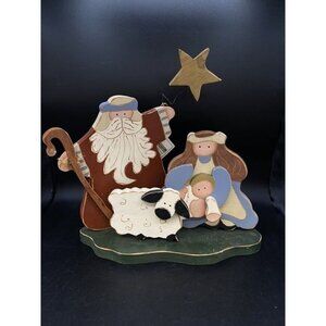 Wooden Hand Painted Cut Out Folk Art Nativity Mounted Joseph Mary Jesus Sheep